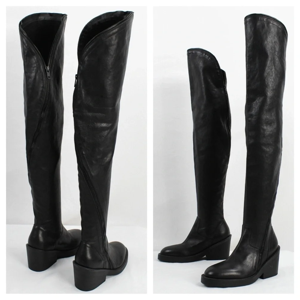 Ann Demeulemeester Spiral Zip Over The Knee Black Leather Runway Boots Sz 7.5